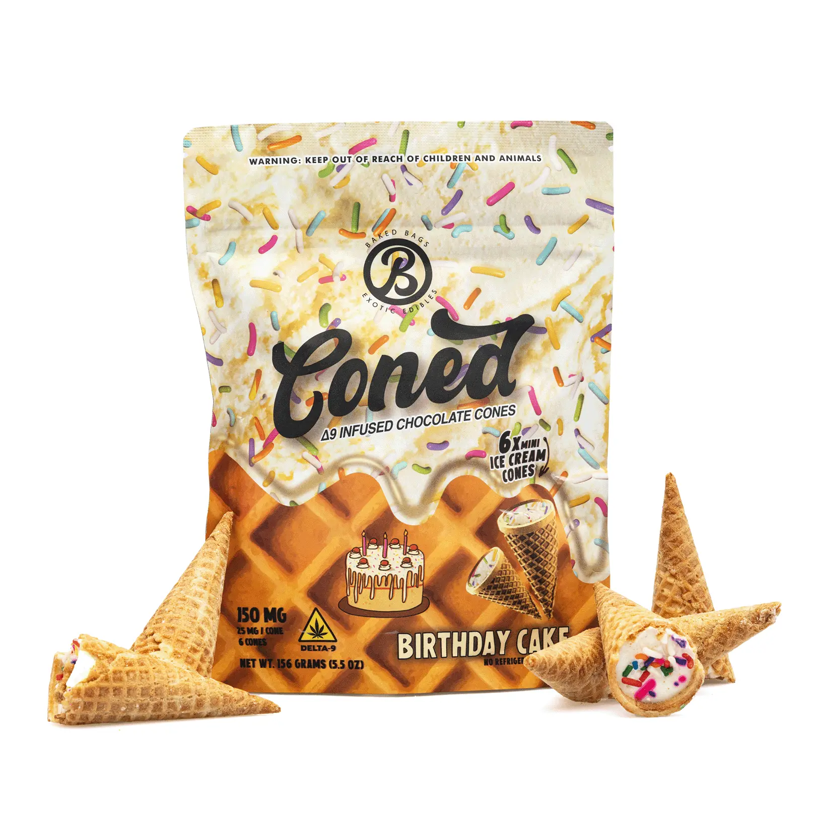 Baked-Bags-Delta-9-THC-Coned-Birthday-Cake-150-mg-Total-Delta-9-THC-Combo.webp Baked Bags Delta 9 THC Coned - Birthday Cake (150 mg Total Delta 9 THC) - Image 1