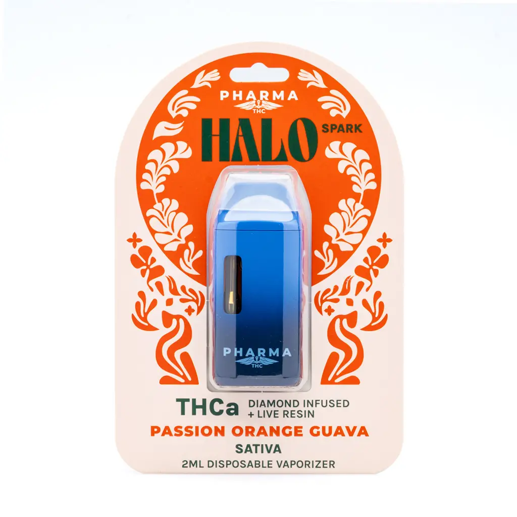 PharmaTHC-THCa-Diamond-Infused-and-Live-Resin-Halo-Spark-Disposable-Vape-Passion-Orange-Guav-box-front.webp PharmaTHC THCa Diamond Infused and Live Resin Halo Spark Disposable Vape - Passion Orange Guava - Image 1