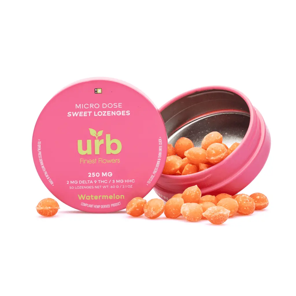 Urb-Delta-9-THC-HHC-Lozenges-Watermelon-100-mg-Delta-9-THC-150-mg-HHC-Total-Combo.webp Urb Delta 9 THC / HHC Lozenges - Watermelon (100 mg Delta 9 THC + 150 mg HHC Total) - Image 1